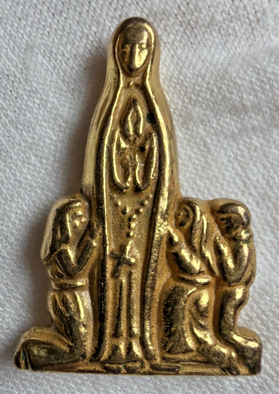 Vintage Catholic Pocket Shrine Our Lady of Fatima Blessed Gold Tone Metal